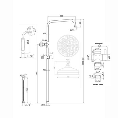 ENKI Carre Chrome Traditional Overhead Solid Brass Rain Shower & Riser Kit RG018 - 7