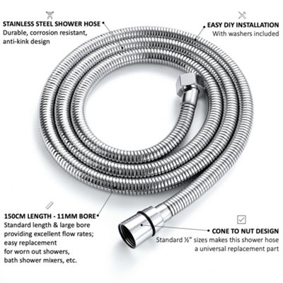 ENKI Chrome Flexi Stainless Steel Shower Hose Large Bore 1.5m - 6