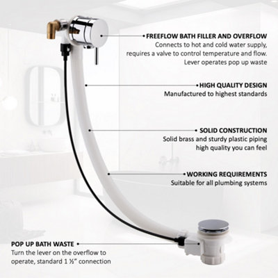 ENKI Chrome Pop Up Round Bath Filler with Overflow & Waste W42 - 3