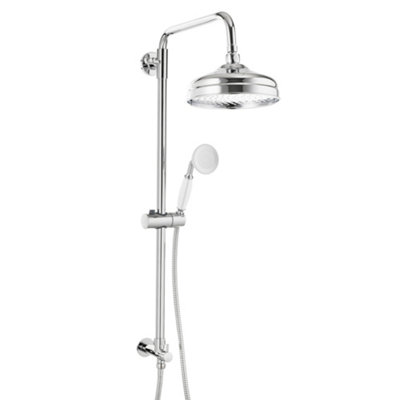 ENKI Chrome Traditional Bathroom Adjustable Swivel Ball Joint Dual Outlet Shower Riser Rail Kit w/ Handset & Round Rain Fixed Head