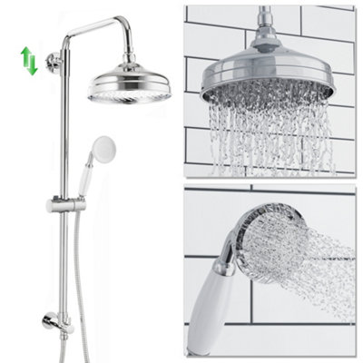 ENKI Chrome Traditional Bathroom Adjustable Swivel Ball Joint Dual Outlet Shower Riser Rail Kit w/ Handset & Round Rain Fixed Head