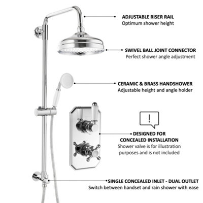 ENKI Chrome Traditional Bathroom Adjustable Swivel Ball Joint Dual Outlet Shower Riser Rail Kit w/ Handset & Round Rain Fixed Head