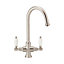ENKI, Dorchester, KT060, Brushed Nickel Dual Flow Kitchen Sink Mixer Tap For Basin, With Twin White Levers Swivel Spout