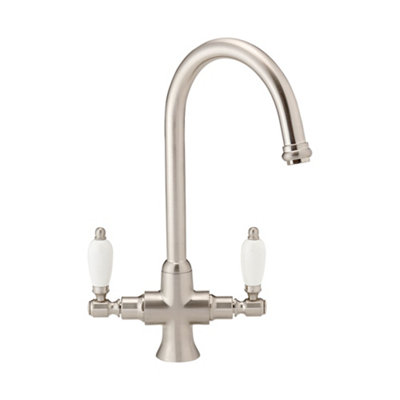ENKI, Dorchester, KT060, Brushed Nickel Dual Flow Kitchen Sink Mixer Tap For Basin, With Twin White Levers Swivel Spout