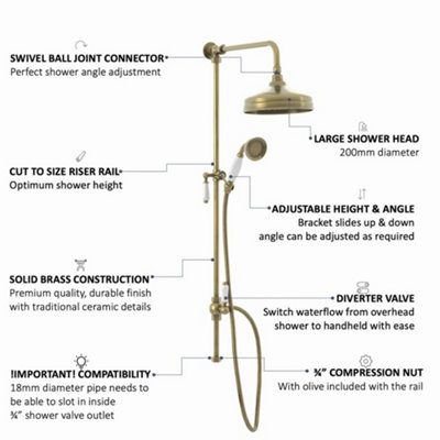 ENKI Downton Antique Brass Modern Traditional Bathroom Rigid Riser Rail ...