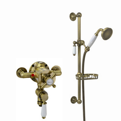 ENKI Downton Antique Brass White Traditional Bathroom Ceramic Thermostatic Twin Valve Mixer Tap w/ Shower Head & Slider Rail Kit Price Comparisons | Compare The Build