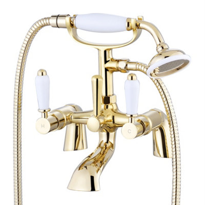 ENKI, Downton, BT0608 Bath Shower Mixer Tap With White Ceramic Levers English Gold