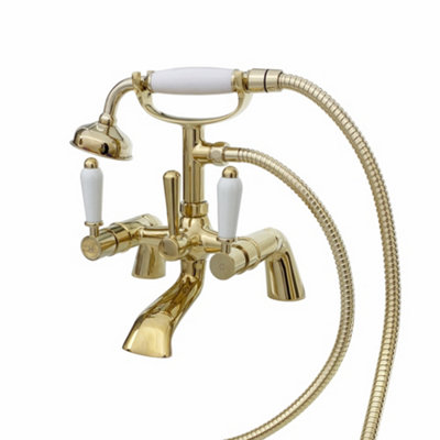 ENKI, Downton, BT0608 Bath Shower Mixer Tap With White Ceramic Levers English Gold