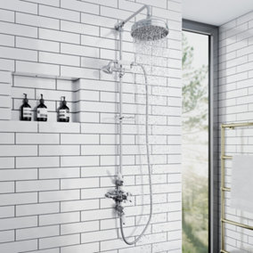 ENKI Downton Chrome White Traditional 2-Outlet Brass Thermostatic Shower Set with Rigid Riser Rail 200mm