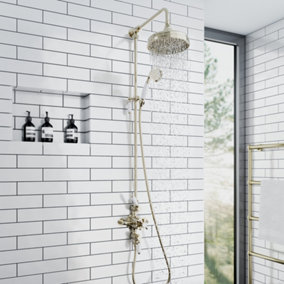 ENKI Downton English Gold White 2-Outlet Brass Thermostatic Shower Set with Rigid Riser Rail 200mm