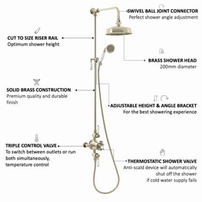 ENKI Downton English Gold White 2-Outlet Brass Thermostatic Shower Set with Rigid Riser Rail 200mm - 5