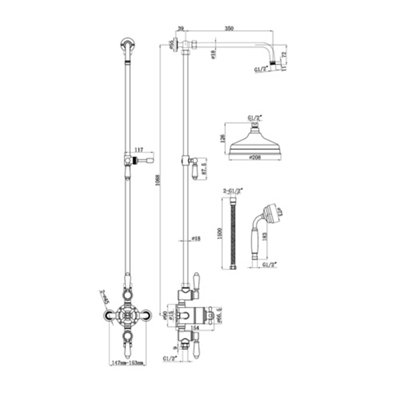 ENKI Downton English Gold White 2-Outlet Brass Thermostatic Shower Set with Rigid Riser Rail 200mm - 7