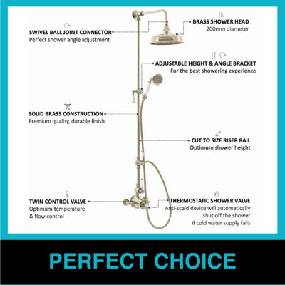 ENKI Downton English Gold White Traditional 2-Outlet Brass Thermostatic Shower Set 200mm - 6