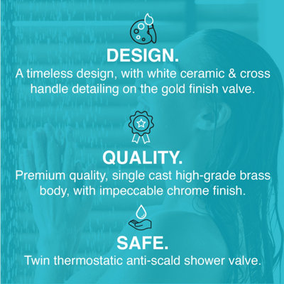 ENKI Downton English Gold White Traditional 2-Outlet Brass Thermostatic Shower Set 200mm - 7