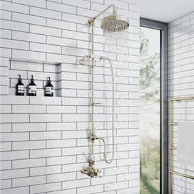 ENKI Downton English Gold White Traditional 2-Outlet Brass Thermostatic Shower Set with Diverter 200mm