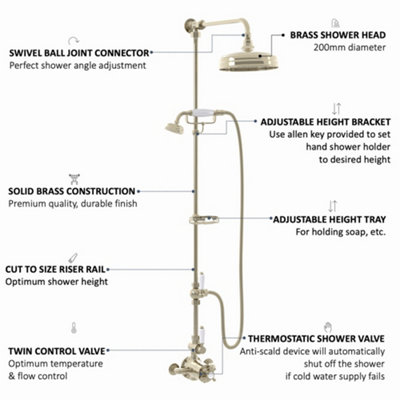 ENKI Downton English Gold White Traditional 2-Outlet Brass Thermostatic Shower Set with Diverter 200mm - 5