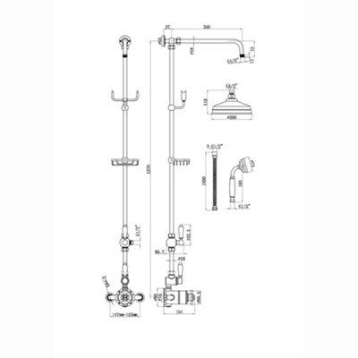 ENKI Downton English Gold White Traditional 2-Outlet Brass Thermostatic Shower Set with Diverter 200mm - 7