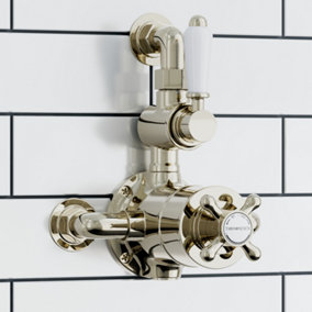 ENKI Downton English Gold White Traditional Brass Thermostatic Twin Shower Valve with Return to Wall Bend T110