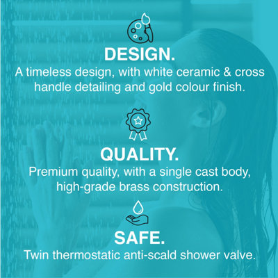 ENKI Downton English Gold White Traditional Single Outlet Thermostatic Shower Head & Caddy Set 150mm - 6