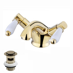 ENKI Downton Gold Monobloc Slotted Ceramic Lever Brass Basin Mixer Tap & Waste BBT0237