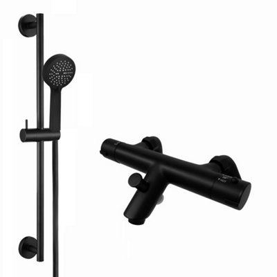 ENKI, Dune, BBT0248, Black, Thermostatic Deck Mounted Bath Shower Mixer Valve with Shower Head, Hose & Rail, Anti-Scald