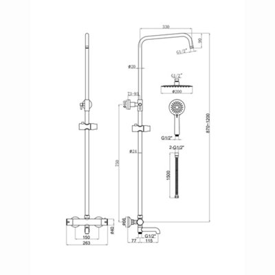 ENKI Dune Black 3-Outlet Multi-Function Thermostatic Overhead Shower Set 200mm