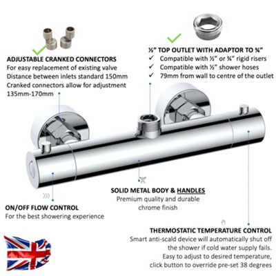 ENKI Dune Chrome Contemporary Brass Thermostatic Bar Shower Mixer Valve T32