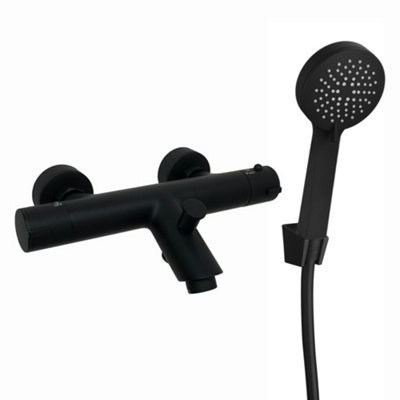 ENKI Dune Matte Black Modern Wall Mounted Brass Thermostatic Shower Mixer Tap & Handset