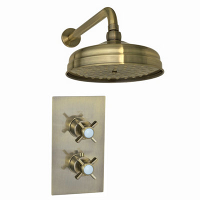 ENKI Edwardian Antique Brass Modern Bathroom Wall Mounted Concealed Thermostatic Crosshead Shower Mixer Valve & Round Fixed Head Price Comparisons | Compare The Build