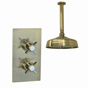 ENKI Edwardian Antique Bronze Traditional Crosshead Ceiling Fixed Brass Thermostatic Shower Set 8"