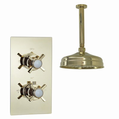 ENKI Edwardian Gold Traditional Crosshead Ceiling Fixed Brass Thermostatic Shower Set 8"