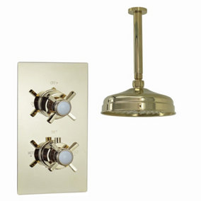 ENKI Edwardian Gold Traditional Crosshead Ceiling Fixed Brass Thermostatic Shower Set 8"