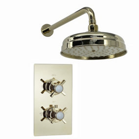 ENKI Edwardian Gold Traditional Crosshead Wall Fixed Brass Thermostatic Shower Set 8"