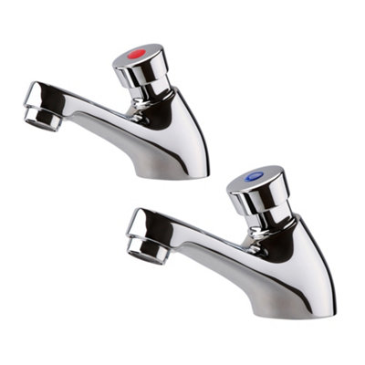 ENKI Ergo Chrome Non Concussive Pillar Hot & Cold Basin Taps Time Adjustable BT4006