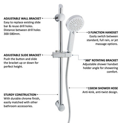 ENKI, ES020, Shower Slider Riser Rail Kit, Includes Adjustable Slider, 3 Setting Shower Head, Soap Dish, Hose, Durable Chrome