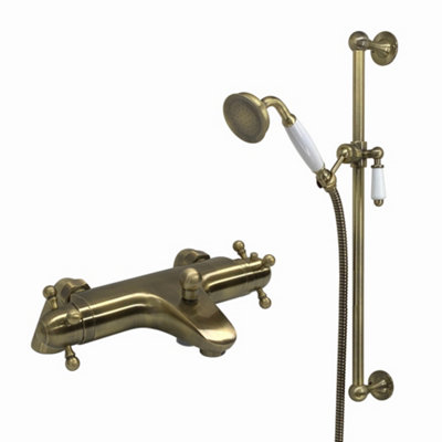 ENKI Gallant Antique Brass Traditional Deck Mounted Brass Thermostatic Shower Bar Mixer Valve with Slider Rail Kit BBT0229 Price Comparisons | Compare The Build