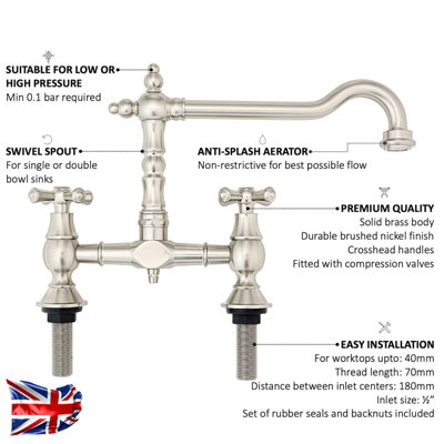 ENKI Langley Brushed Nickel Traditional Bridge Crosshead Steel Mixer ...