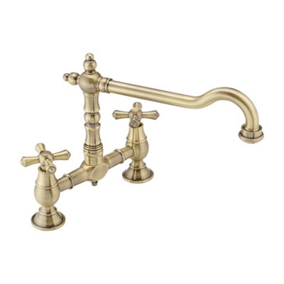 ENKI, Langley, KT116, Antique Bronze, Traditional Bridge Kitchen Sink Mixer Tap for Basin, Brass Construction, with Twin Levers