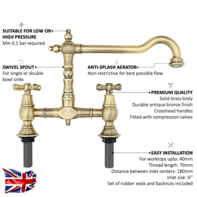 ENKI, Langley, KT116, Antique Bronze, Traditional Bridge Kitchen Sink Mixer Tap for Basin, Brass Construction, with Twin Levers