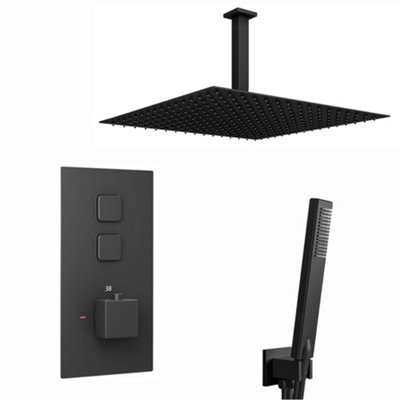 ENKI Milan Black Square Ceiling Mounted Thermostatic Shower & Handset Kit Large 400mm
