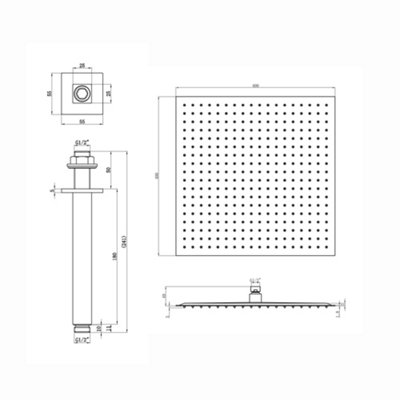 ENKI Milan Black Square Ceiling Mounted Thermostatic Shower & Handset Kit Large 400mm - 7