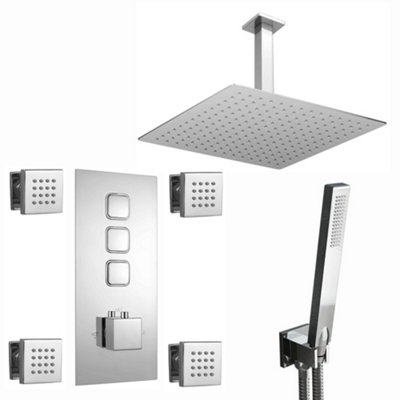 ENKI Milan Chrome Modern Bathroom Solid Brass Concealed Push Button Thermostatic Shower Mixer Valve w/ Fixed Head Handset & Jets Price Comparisons | Compare The Build
