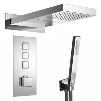 ENKI Milan Chrome Silver Modern Bathroom Brass Concealed Push Button Thermostatic Shower Mixer Valve w/ Fixed Head & Handset Kit Price Comparisons | Compare The Build