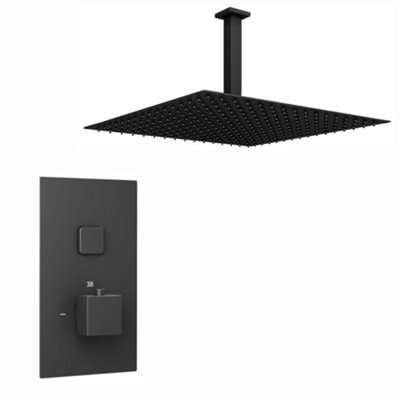 ENKI Milan Matt Black Modern Bathroom Brass Ceiling Mounted Concealed Push Button Thermostatic Shower Mixer Valve & Fixed Head Price Comparisons | Compare The Build
