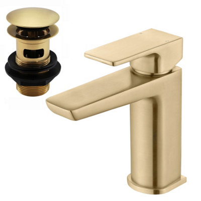 ENKI Mykonos Brushed Brass Contemporary Brass Basin Mixer Tap & Waste BT1203