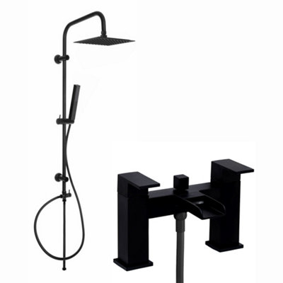 ENKI, Plaza, BBT0160, Matt Black Square Waterfall Bath Shower Mixer Tap with Rigid Riser Shower Rail Kit Price Comparisons | Compare The Build
