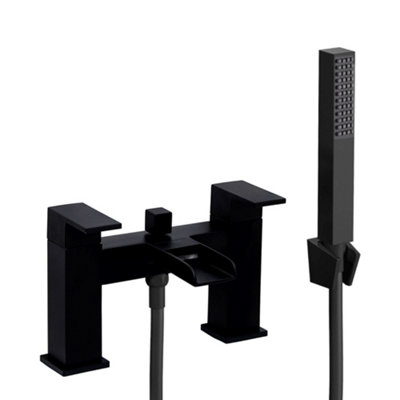 ENKI Plaza Matte Black Sqaure Waterfall Brass Bath Shower Mixer Tap & Handset Kit BBT0193