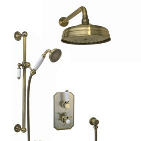 ENKI Regent Antique Bronze Traditional Crosshead 2-Outlet Brass Thermostatic Shower Head & Slider Rail Kit 8"