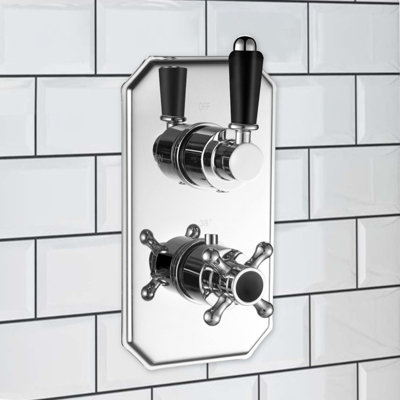 ENKI Regent Chrome Black Crosshead 2-Outlet Solid Brass Thermostatic Twin Shower Valve TSV032