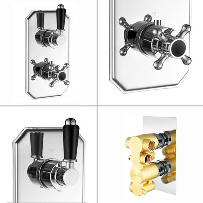 ENKI Regent Chrome Black Crosshead 2-Outlet Solid Brass Thermostatic Twin Shower Valve TSV032 - 6